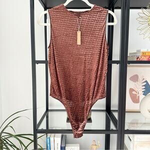 Skims Chestnut Brown Logo Allover Velvet Mesh Sleeveless Bodysuit Women’s XL